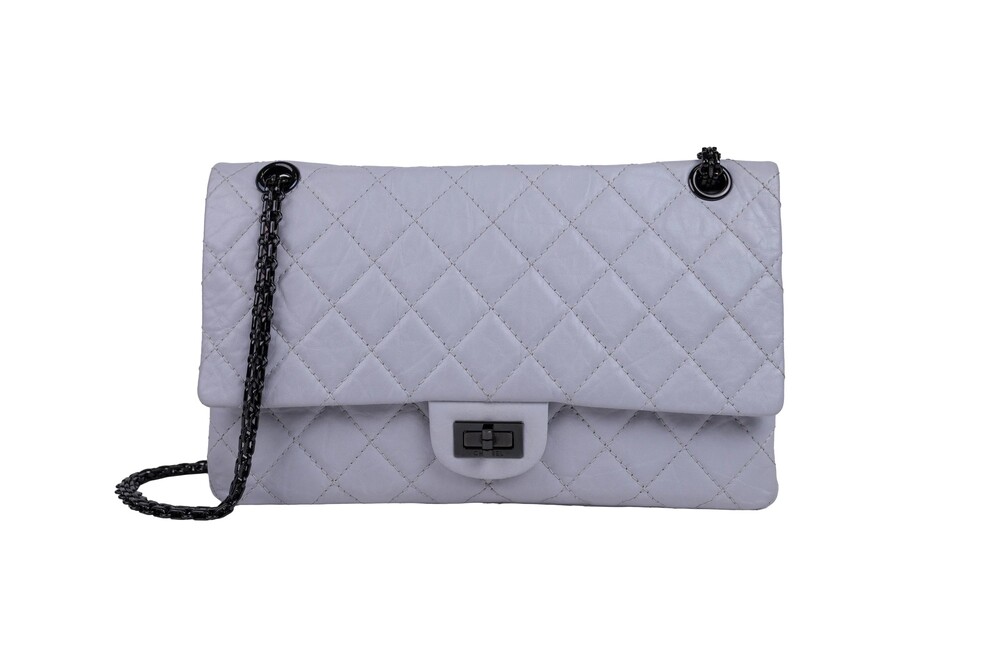 Chanel White Reissue 2.55 226 Double Flap Shoulder Bag Quilted Aged Calfskin Bla